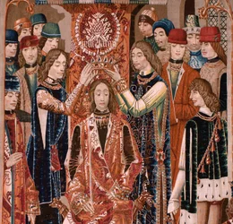 Flaamilainen kuvakudos. Tuntematon sarja. Rooman historiaa? Tarquinius Priscus (Tarquino Prisco). Valmistettu Brysselin työpajoissa? Noin 1475. Villa- ja silkkikangas, 6 loimilankaa senttimetriä kohden. Alkuperä: Alba de Alisten kreivin lahjoitus; se