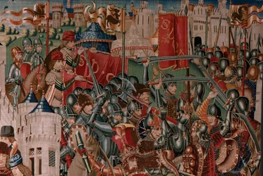 Flaamilainen kuvakudos. Tuntematon sarja. Rooman historiaa? Tarquinius Priscus (Tarquino Prisco). Valmistettu Brysselin työpajoissa? Noin 1475. Materiaali: villa ja silkki, 6 loimilankaa senttimetriä kohden. Alkuperä: Alba de Alisten kreivin lahjoitus