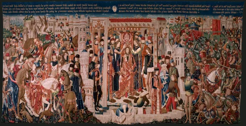 Flanderin kuvakudos. Tuntematon sarja. Rooman historia? Tarquinius Priscus (Tarquino Prisco). Valmistetaanko Brysselin työpajoja?. Noin 1475. Kangas Villa ja silkki, 6 loimi/cm. Alkuperä Kreivi Alba de Alisten lahjoitus, se saapui katedraaliin vuonna 1608.
