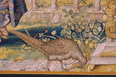 Flanderin kuvakudos. Sarjat Vertumnus ja Pomona: Vertumnus muuttui maanviljelijäksi (Vertumnus maanviljelijäksi, Vertumno transformado ja maanviljelijä). Studio Willem de Pannemaker. noin 1545-1550. Yksityiskohta.