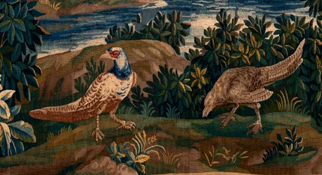 Flanderin kuvakudos. Niin kutsuttu Verdure (maisema, jossa on vettä, puita ja fasaaneja). Oudenaarden studio. 277x200 cm. Inv 00012. 1600-luku.