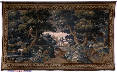 Flanderin kuvakudos. kestää. rakkauskohtaus. Oudenaarde. 1700-luvun loppu - 1700-luvun alku. Kirkon omaisuus Sint-Walburgakerk Oudenaarde (Dekenij van de Sint-Walburga). Yksityiskohta