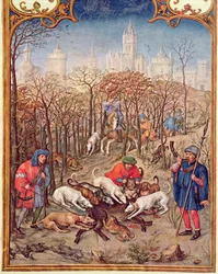 Fol.12v Joulukuu: Villisian metsästys Breviarium Grimanista, n. 1515