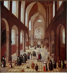 Kirkon sisäkuva 1600-luvun flaamilaisen koulun maalaus Madrid, Musee Lazaro Galdiano
