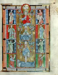 Ms 340 fol.11r The Tree of Jesse, De Laudibus Sancte Crucis, kirjoittaja Rabanaus Maurus (n. 780-856) Anchin Abbeysta