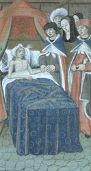 Ms Hunter 9 f.76r Potilas sängyssä kahden lääkärin kanssa, De Medina Fen I. II, kirjoittanut Avicenna (980-1037)