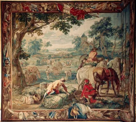 Palatsi (Schlossanlage Schleißheim). Flanderin kuvakudos. Brysselin ateljee Judocus De Vos. Suunnittelija Lambert De Hondt. Ruokinta (ravinnonhaku). 400x510cm. Villaa ja silkkiä. Noin 1715-1724.