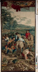 Palatsi (Schlossanlage Schleißheim). Flanderin kuvakudos. Brysselin ateljee Judocus De Vos. Suunnittelija Lambert De Hondt. (Fachinade). 400x190cm. Villa ja silkki. Noin 1715-1724.