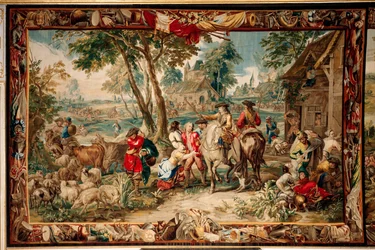Palatsi (Schlossanlage Schleißheim). Flanderin kuvakudos. Brysselin ateljee Judocus De Vos. Suunnittelija Lambert De Hondt. Ryöstö (ryöstö). 400x595cm. Villa ja silkki. Noin 1715-1724.