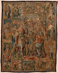 Seurakunnan kuvakudosmuseo (Museo Parroquial de Tapices de Pastrana). Flanderin kuvakudos. Nuori Aleksanteri isälleen Filipille (El joven Alejandro ante su padre Filipo). Bryssel. 16. vuosisata. 328x407cm.
