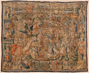 Seurakunnan kuvakudosmuseo (Pastrana Parish Museum of Tapestries). Flanderin kuvakudos. Taistelu Aleksanterin ja Dariuksen ja Ipson välillä (Taistelu Aleksanterin ja Dariuksen välillä Ipsossa). Bryssel. Villa ja silkki. 16. vuosisata. 510x419 cm.