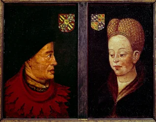 Johanneksen muotokuva ilman pelkoa, Burgundin herttua (1371-1419) ja Marguerite de Baviere, Burgundin herttuatar (1363-1423) Flanderin koulun puumaalaus. 1400-luvun Gent, Kuvataidemuseo