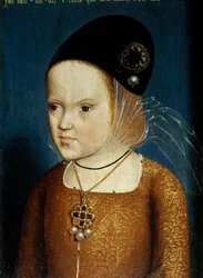 Itävallan Margaritan (1480-1532) muotokuva keisari Maximilianin tyttärestä, 3 vuoden ja 3 kuukauden ikäinen huhtikuussa 1483, myöhemmin Dom Juanin lapsen vaimo, Astrurien prinssi, sitten Philibert Kauniin, Savoian herttua ja Alankomaiden kuvernööritar. An