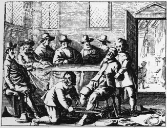 Tincerien rangaistus velholle - kaiverrus vuodelta 1725 kirjaan "" La Sorcellerie demasquee"" (