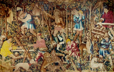 Kohtauksia sadonkorjuusta ja puunhakkaajasta. Flanderin koulun kuvakudos. Tournai. 1400-luvun Pariisi, koristetaide
