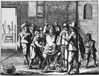 Noita, jolle kaulakoru kidutetaan - kaiverrus vuodelta 1725 kirjassa "" La Sorcellerie demasquee"" (