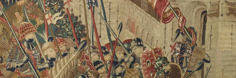 Kuvakudos, joka esittää Portugalin kuninkaan Alfonso V:n valloitukset (Conquistas de Alfonso V de Portugal), Tournaissa. Yksityiskohta. (villa ja silkki)