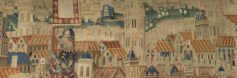 Kuvakudos, joka esittää Portugalin kuninkaan Alfonso V:n valloitukset (Conquistas de Alfonso V de Portugal), Tournaissa. Yksityiskohta. (villa ja silkki)