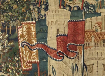 Kuvakudos, joka esittää Portugalin kuninkaan Alfonso V:n valloitukset (Conquistas de Alfonso V de Portugal), Tournaissa. Yksityiskohta. (villa ja silkki)