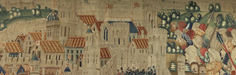Kuvakudos, joka esittää Portugalin kuninkaan Alfonso V:n valloitukset (Conquistas de Alfonso V de Portugal), Tournaissa. Yksityiskohta. (villa ja silkki)