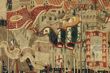 Kuvakudos, joka esittää Portugalin kuninkaan Alfonso V:n valloitukset (Conquistas de Alfonso V de Portugal), Tournaissa. Yksityiskohta. (villa ja silkki)
