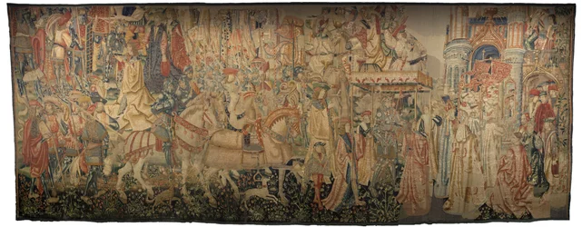 Kuvakudos, joka esittää Portugalin kuninkaan Alfonso V:n valloitukset (Conquistas de Alfonso V de Portugal), Tournaissa. Yksityiskohta. (villa ja silkki)