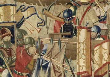 Kuvakudos, joka esittää Portugalin kuninkaan Alfonso V:n valloitukset (Conquistas de Alfonso V de Portugal), Tournaissa. Yksityiskohta. (villa ja silkki)