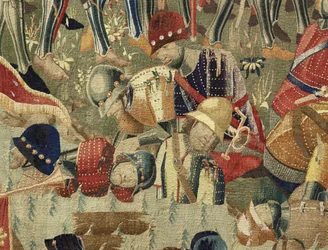 Kuvakudos, joka esittää Portugalin kuninkaan Alfonso V:n valloitukset (Conquistas de Alfonso V de Portugal), Tournaissa. Yksityiskohta. (villa ja silkki)