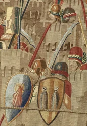 Kuvakudos, joka esittää Portugalin kuninkaan Alfonso V:n valloitukset (Conquistas de Alfonso V de Portugal), Tournaissa. Yksityiskohta. (villa ja silkki)