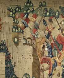 Kuvakudos, joka esittää Portugalin kuninkaan Alfonso V:n valloitukset (Conquistas de Alfonso V de Portugal), Tournaissa. Yksityiskohta. (villa ja silkki)