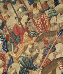 Kuvakudos, joka esittää Portugalin kuninkaan Alfonso V:n valloitukset (Conquistas de Alfonso V de Portugal), Tournaissa. Yksityiskohta. (villa ja silkki)