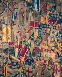 Kuvakudos, joka esittää Portugalin kuninkaan Alfonso V:n valloitukset (Conquistas de Alfonso V de Portugal), Tournaissa. Yksityiskohta. (villa ja silkki)