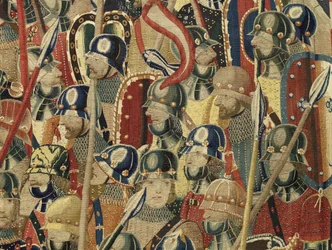 Kuvakudos, joka esittää Portugalin kuninkaan Alfonso V:n valloitukset (Conquistas de Alfonso V de Portugal), Tournaissa. Yksityiskohta. (villa ja silkki)