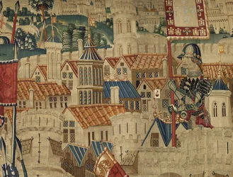 Kuvakudos, joka esittää Portugalin kuninkaan Alfonso V:n valloitukset (Conquistas de Alfonso V de Portugal), Tournaissa. Yksityiskohta. (villa ja silkki)