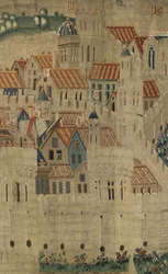 Kuvakudos, joka esittää Portugalin kuninkaan Alfonso V:n valloitukset (Conquistas de Alfonso V de Portugal), Tournaissa. Yksityiskohta. (villa ja silkki)