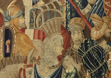 Kuvakudos, joka esittää Portugalin kuninkaan Alfonso V:n valloitukset (Conquistas de Alfonso V de Portugal), Tournaissa. Yksityiskohta. (villa ja silkki)