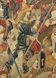 Kuvakudos, joka esittää Portugalin kuninkaan Alfonso V:n valloitukset (Conquistas de Alfonso V de Portugal), Tournaissa. Yksityiskohta. (villa ja silkki)