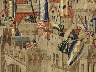 Kuvakudos, joka esittää Portugalin kuninkaan Alfonso V:n valloitukset (Conquistas de Alfonso V de Portugal), Tournaissa. Yksityiskohta. (villa ja silkki)