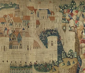 Kuvakudos, joka esittää Portugalin kuninkaan Alfonso V:n valloitukset (Conquistas de Alfonso V de Portugal), Tournaissa. Yksityiskohta. (villa ja silkki)
