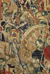 Kuvakudos, joka esittää Portugalin kuninkaan Alfonso V:n valloitukset (Conquistas de Alfonso V de Portugal), Tournaissa. Yksityiskohta. (villa ja silkki)