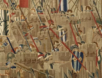Kuvakudos, joka esittää Portugalin kuninkaan Alfonso V:n valloitukset (Conquistas de Alfonso V de Portugal), Tournaissa. Yksityiskohta. (villa ja silkki)