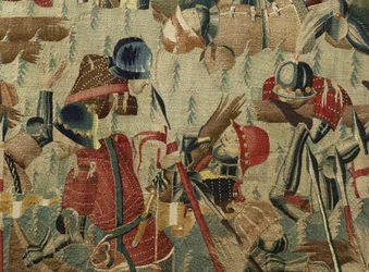 Kuvakudos, joka esittää Portugalin kuninkaan Alfonso V:n valloitukset (Conquistas de Alfonso V de Portugal), Tournaissa. Yksityiskohta. (villa ja silkki)