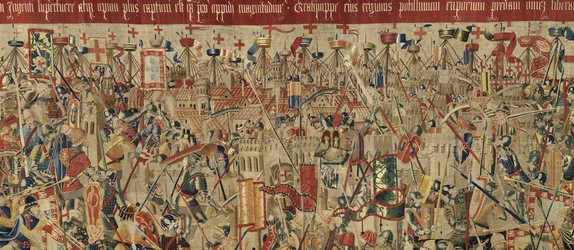 Kuvakudos, joka esittää Portugalin kuninkaan Alfonso V:n valloitukset (Conquistas de Alfonso V de Portugal), Tournaissa. Yksityiskohta. (villa ja silkki)