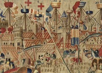 Kuvakudos, joka esittää Portugalin kuninkaan Alfonso V:n valloitukset (Conquistas de Alfonso V de Portugal), Tournaissa. Yksityiskohta. (villa ja silkki)