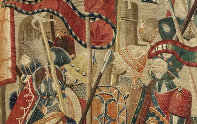 Kuvakudos, joka esittää Portugalin kuninkaan Alfonso V:n valloitukset (Conquistas de Alfonso V de Portugal), Tournaissa. Yksityiskohta. (villa ja silkki)