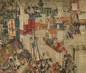 Kuvakudos, joka esittää Portugalin kuninkaan Alfonso V:n valloitukset (Conquistas de Alfonso V de Portugal), Tournaissa. Yksityiskohta. (villa ja silkki)