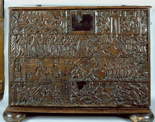 Courtrai Chest, joka kuvaa kohtauksia Golden Spurs -taistelusta, joka käytiin Courtraissa vuonna 1302 (puu)