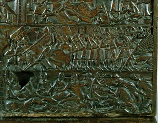 Courtrai-arkku, joka kuvaa Flanderin taistelulinjaa Golden Spurs -taistelun aikana, joka taisteli Courtraissa vuonna 1302 (puu) (yksityiskohta)