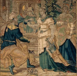 Yliopiston kokoelmat. Flanderin kuvakudos. Jetron tyttäret kertovat isälleen Mooseksen tapaamisesta. Yksityiskohta. Oudenaarde. Noin 1550.