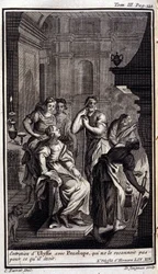 Ulysses haastatteli Penelopea, joka ei tunnista häntä siitä, mikä hän oli. Liustaatio kirjaan XIX Odyssee of Homeren Odysseessa, joka julkaistiin Amsterdamissa vuonna 1731, Collection privee Milan.